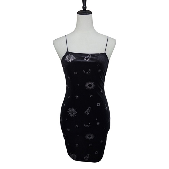 Black Velvet Celestial Star Moon Bodycon Mini Dress Size Small - Picture 2 of 11